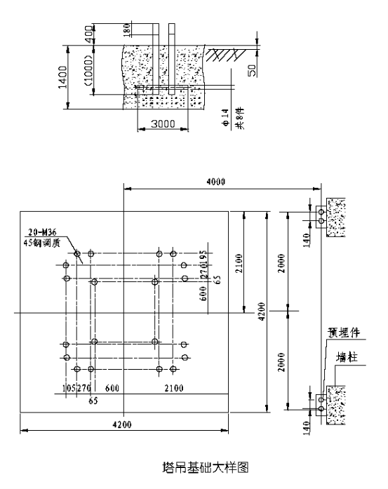 3,塔吊基础底底板200mm,其基础大样及配筋图如下: 4,塔吊安装 1)安装